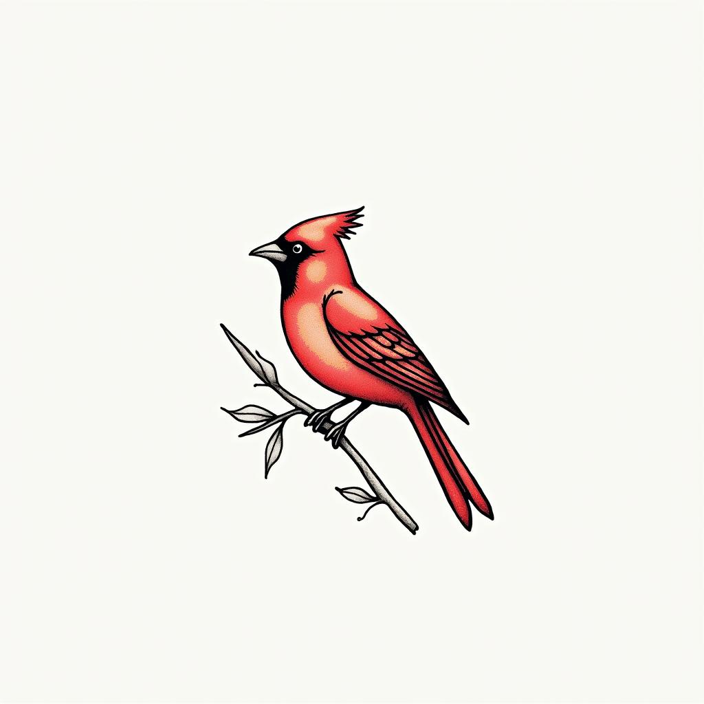 A minimalist and dainty tattoo design of a red outlined cardinal resting on a branch, with the numbers "122121" and the initial "M" incorporated into the design, suitable for a woman's wrist.higly detailed tattoo - Variation 7