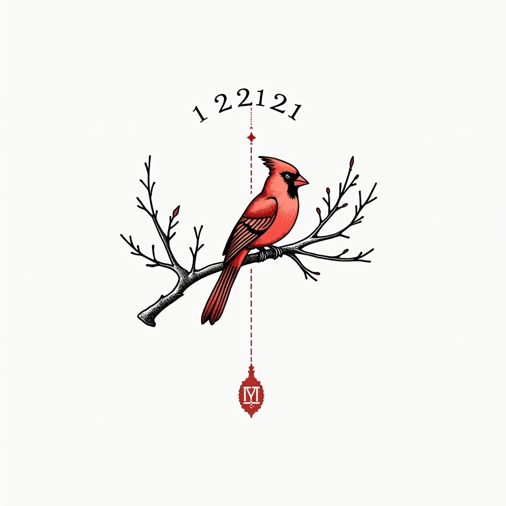A minimalist and dainty tattoo design of a red outlined cardinal resting on a branch, with the numbers "122121" and the initial "M" incorporated into the design, suitable for a woman's wrist.higly detailed tattoo