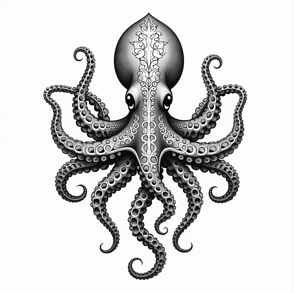 Feminine, cute octopusin ornamental tattoo style, featuring intricate symmetrical patterns and floral designs, showcasing highly detailed line work and geometric shapes, creating a sense of elegance and balance - Variation 2