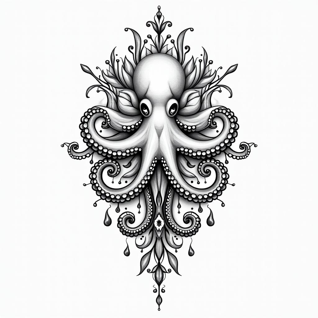 Feminine, cute octopusin ornamental tattoo style, featuring intricate symmetrical patterns and floral designs, showcasing highly detailed line work and geometric shapes, creating a sense of elegance and balance