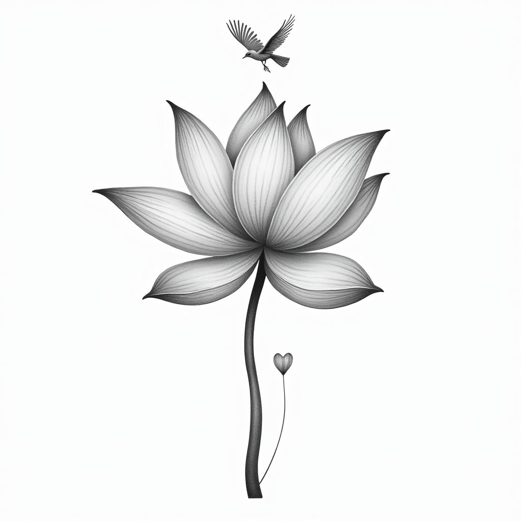 Lotus flower with birdin Modest style tattoo, featuring soft, delicate line work with simple and meaningful symbols, gentle waves, a heart, evoking a sense of serenity and grace,