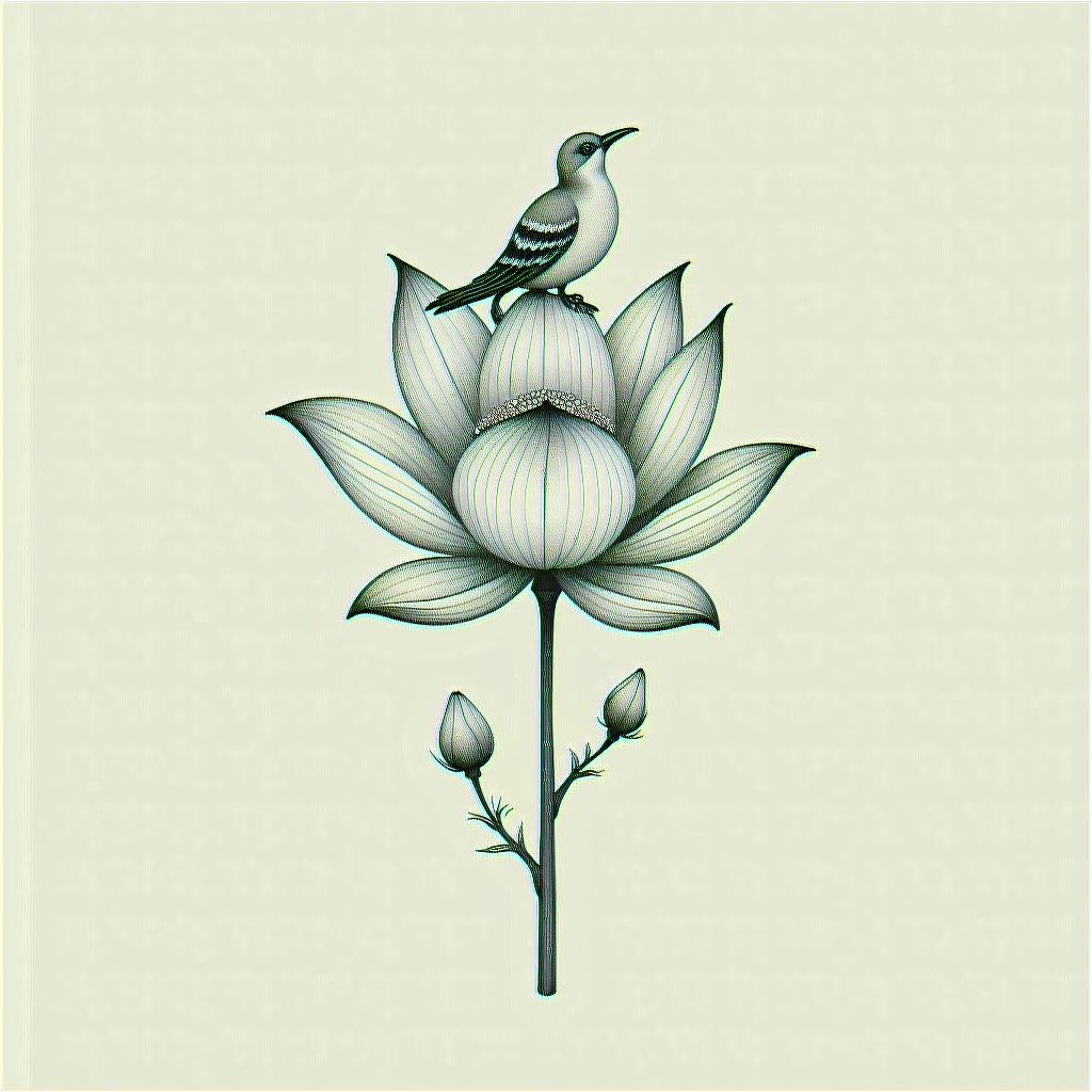Lotus flower with birdin Modest style tattoo, featuring soft, delicate line work with simple and meaningful symbols, gentle waves, a heart, evoking a sense of serenity and grace, - Variation 3