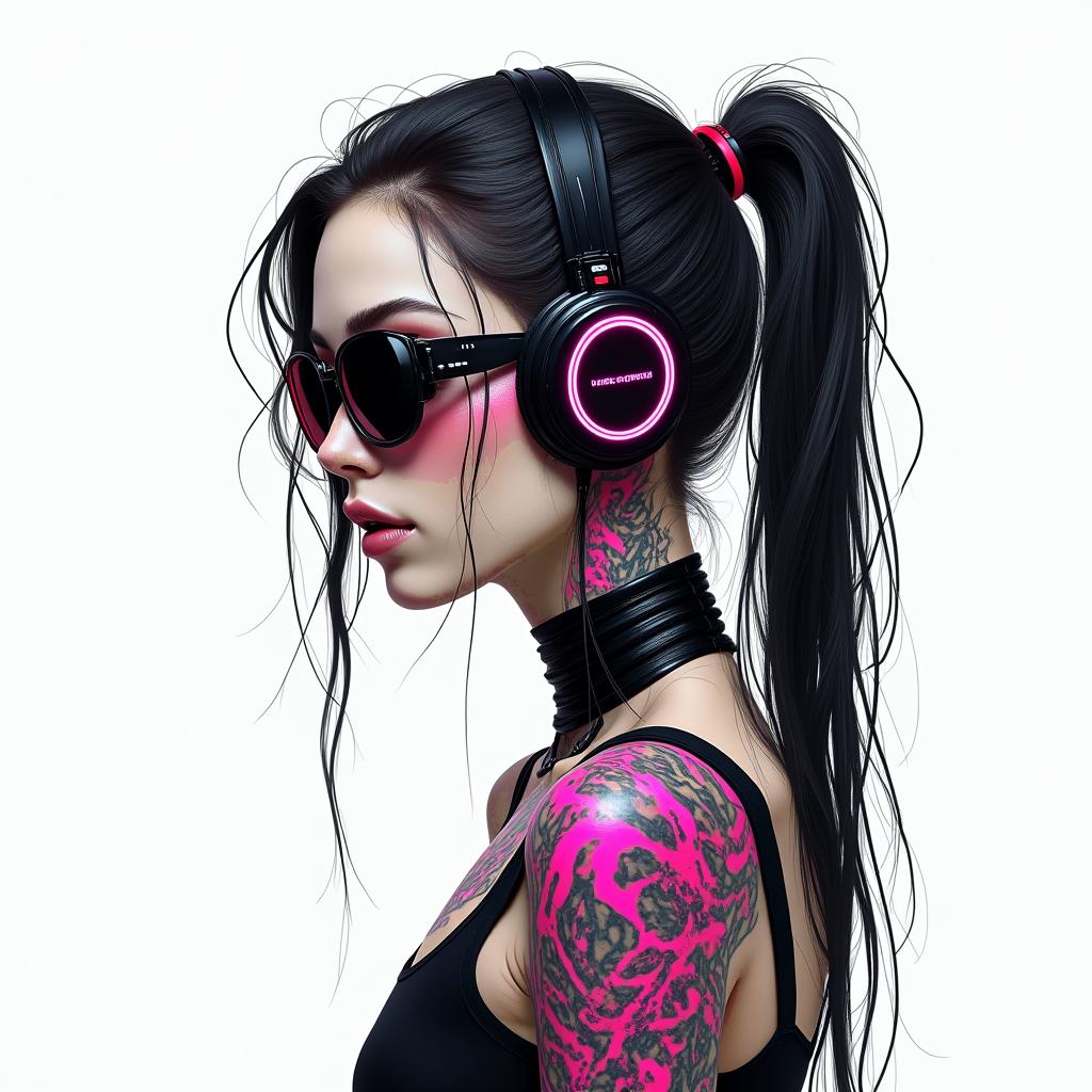 Futuristic cyberpunk girl with neon accentstext-based tattoo, gothic font ultra-realistic, perfectly placed, high-quality font design, photo-realistic shading, 8k, high quality, finely detailed typography - Variation 9