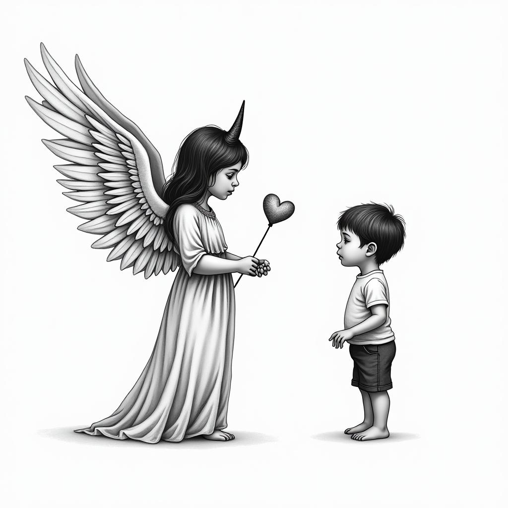 Angel holding broken horns looking down at a little boy. The little boy saying, " Are you proud of me now?"in Modest style tattoo, featuring soft, delicate line work with simple and meaningful symbols, gentle waves, a heart, evoking a sense of serenity and grace, - Variation 1