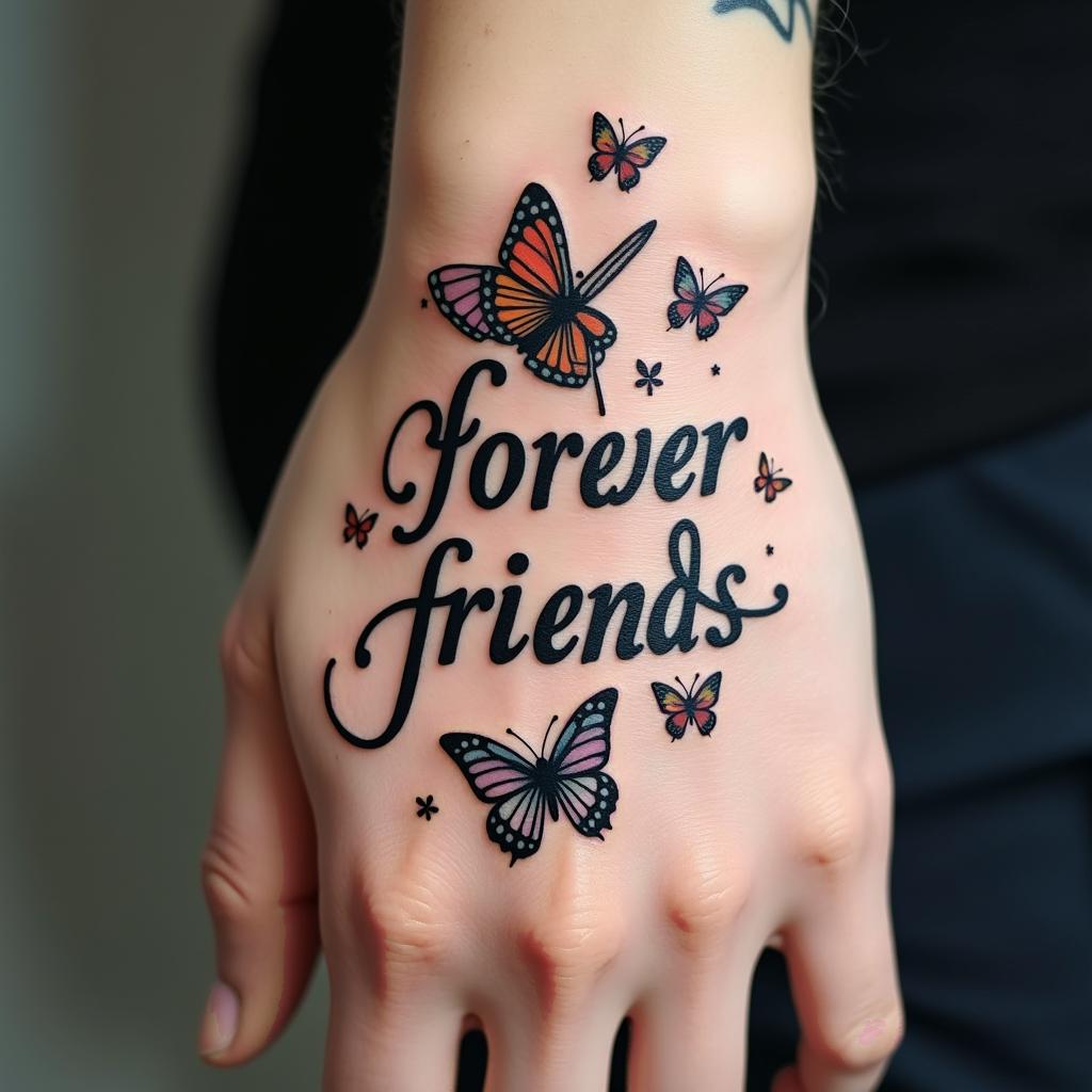 music notes and text saying forever friends with drum sticks and colorful butterflies flying aroundtext-based tattoo, gothic font ultra-realistic, perfectly placed, high-quality font design, photo-realistic shading, 8k, high quality, finely detailed typography - Variation 2