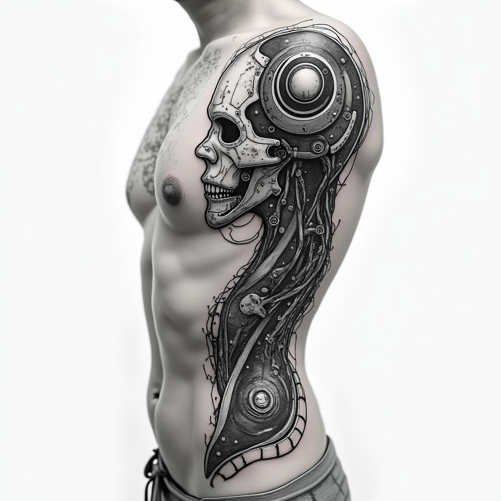 Make a bionic tattoo for my side rib areatattoo in biomechanic style, the tattoo covered by robotic elements of futuristic cyberpunk design, robotic features detail, showcasing intricate mechanical components - Variation 6