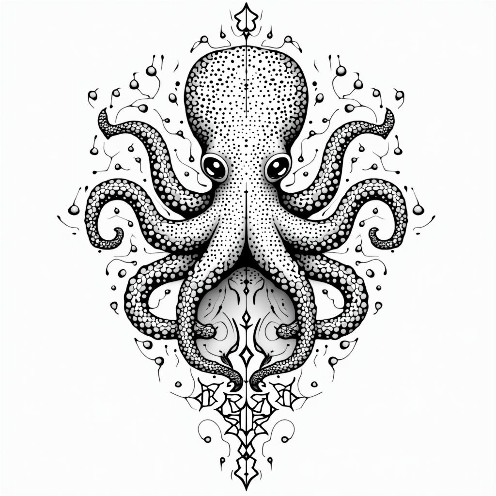 Feminine, cute octopusin dotwork style tattoo, complex mandala patterns, interlocking geometric shapes with sharp symmetry, clean lines, sharp angles - Variation 4
