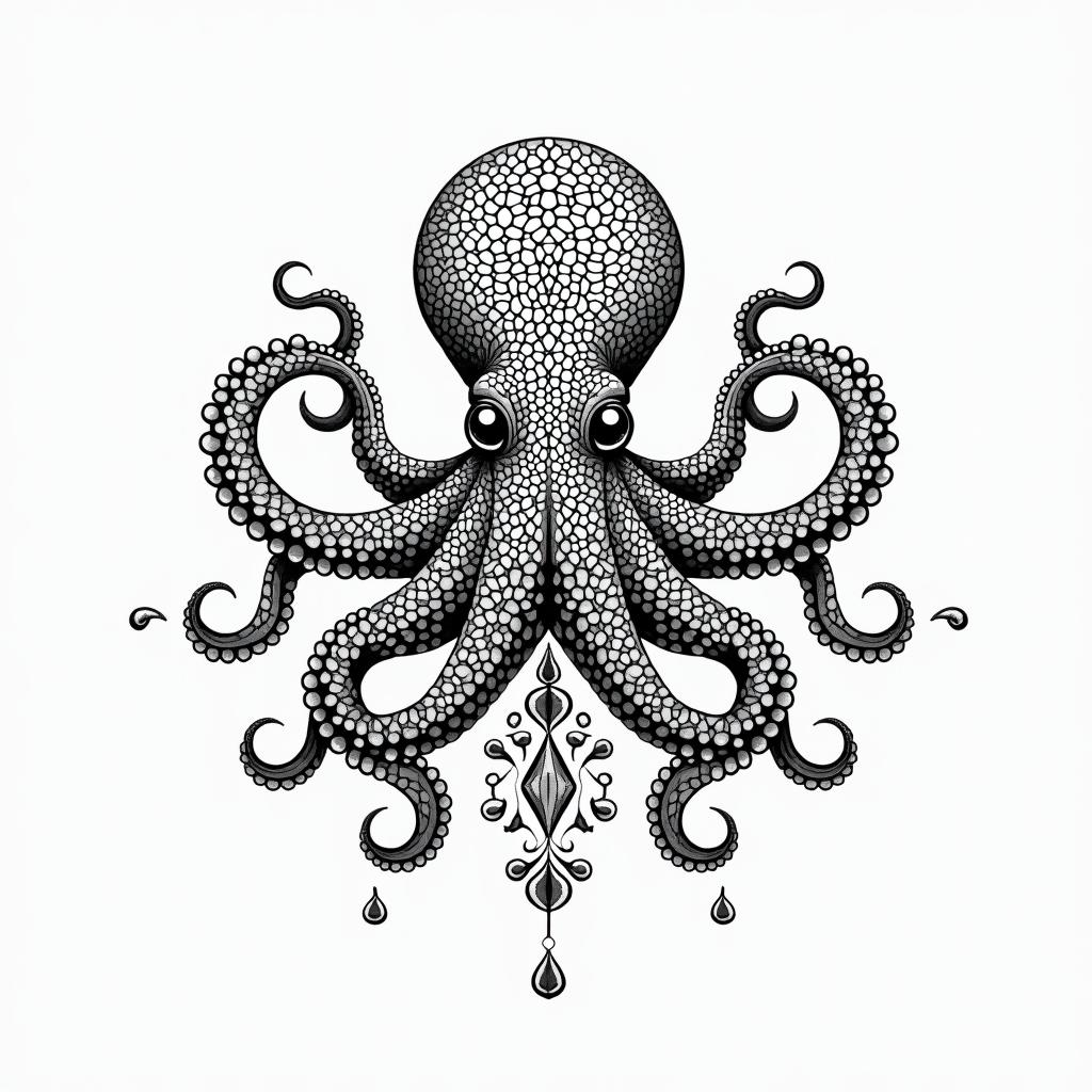 Feminine, cute octopusin dotwork style tattoo, complex mandala patterns, interlocking geometric shapes with sharp symmetry, clean lines, sharp angles - Variation 3