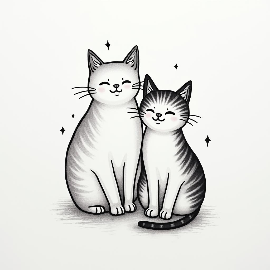 Tattoo in common with my daughter, we love cats. We have gone through difficult times together: a death, a violent separation, harassment, and illness.in minimalist style tattoo, featuring simple shapes and fine lines, with minimal shading and details, tiny triangles, creating a sense of balance and harmony - Variation 3