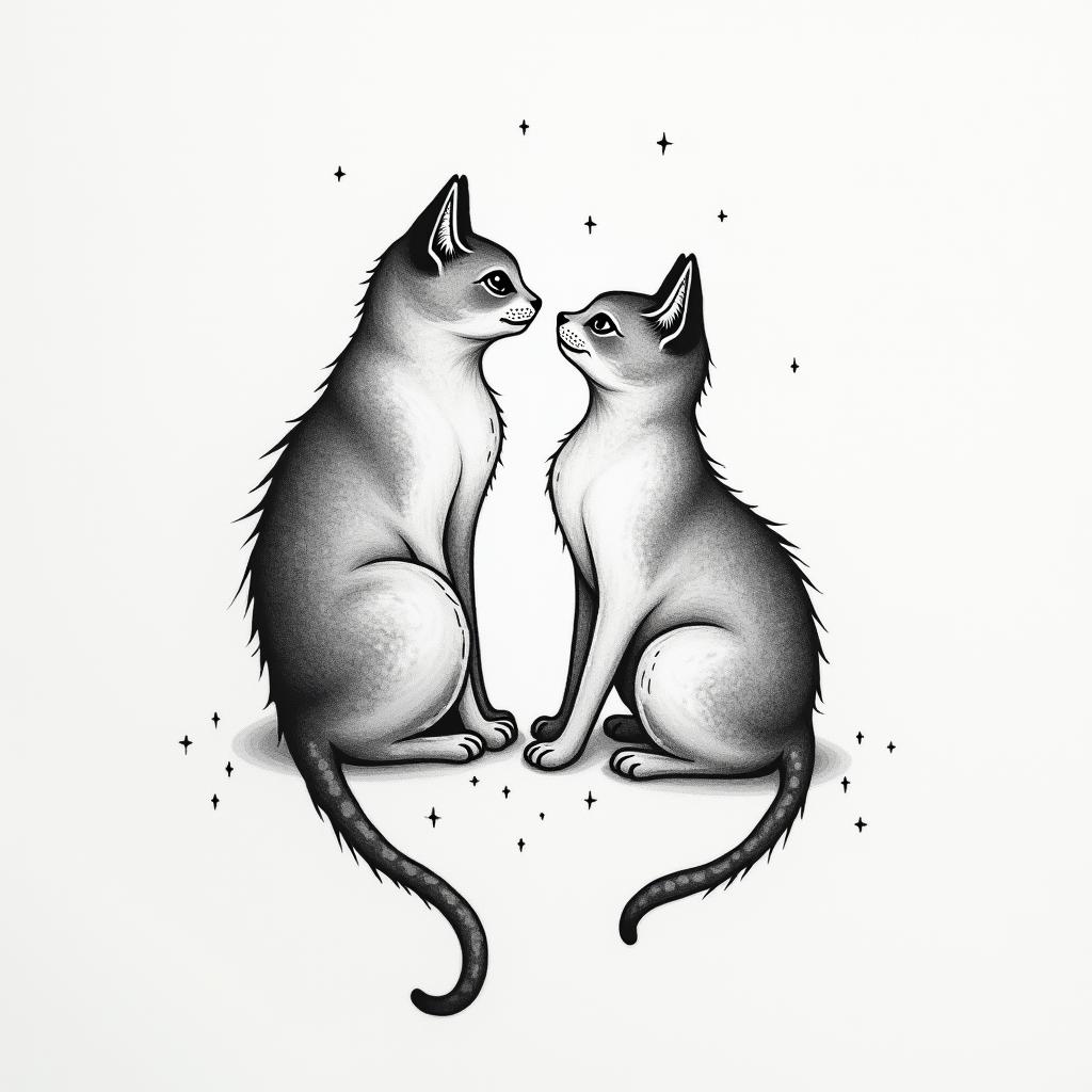 Tattoo in common with my daughter, we love cats. We have gone through difficult times together: a death, a violent separation, harassment, and illness.in minimalist style tattoo, featuring simple shapes and fine lines, with minimal shading and details, tiny triangles, creating a sense of balance and harmony - Variation 4