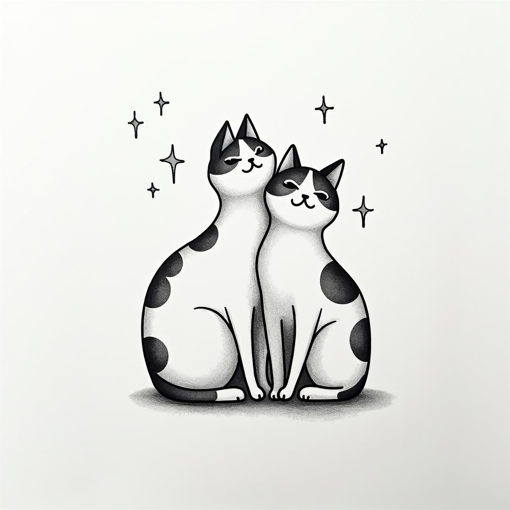 Tattoo in common with my daughter, we love cats. We have gone through difficult times together: a death, a violent separation, harassment, and illness.in minimalist style tattoo, featuring simple shapes and fine lines, with minimal shading and details, tiny triangles, creating a sense of balance and harmony - Variation 2