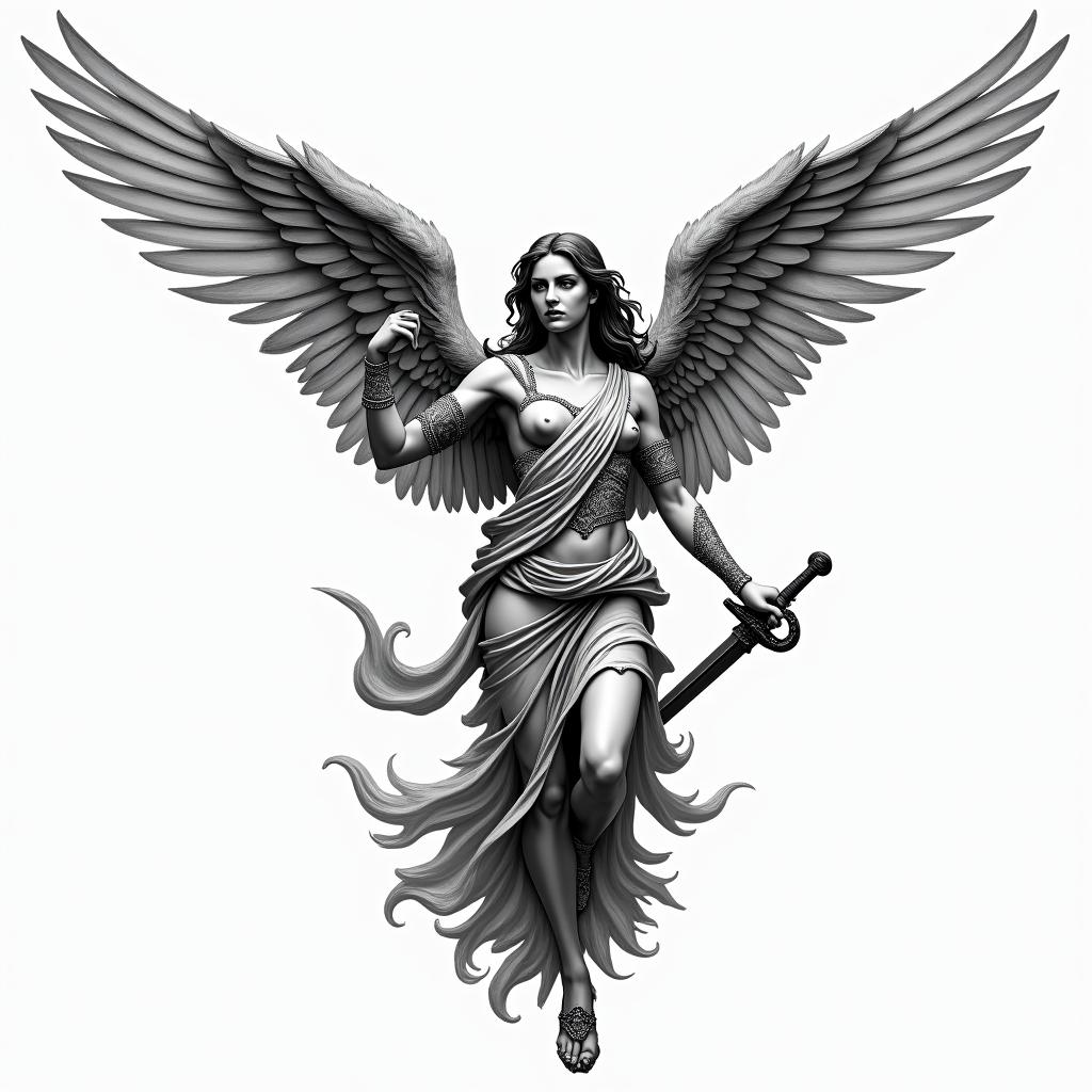 A female figure inspired by the Arcangel San Miguel, featuring majestic wings and intricate clothing resembling the detailed style of the Victory of Samothrace, embodying strength and protection. She wields a sword, symbolizing victory and bravery, against a backdrop that evokes Greek mythology.higly detailed tattoo - Variation 4