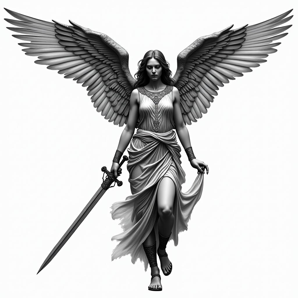 A female figure inspired by the Arcangel San Miguel, featuring majestic wings and intricate clothing resembling the detailed style of the Victory of Samothrace, embodying strength and protection. She wields a sword, symbolizing victory and bravery, against a backdrop that evokes Greek mythology.higly detailed tattoo - Variation 2