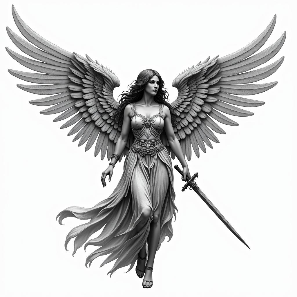 A female figure inspired by the Arcangel San Miguel, featuring majestic wings and intricate clothing resembling the detailed style of the Victory of Samothrace, embodying strength and protection. She wields a sword, symbolizing victory and bravery, against a backdrop that evokes Greek mythology.higly detailed tattoo