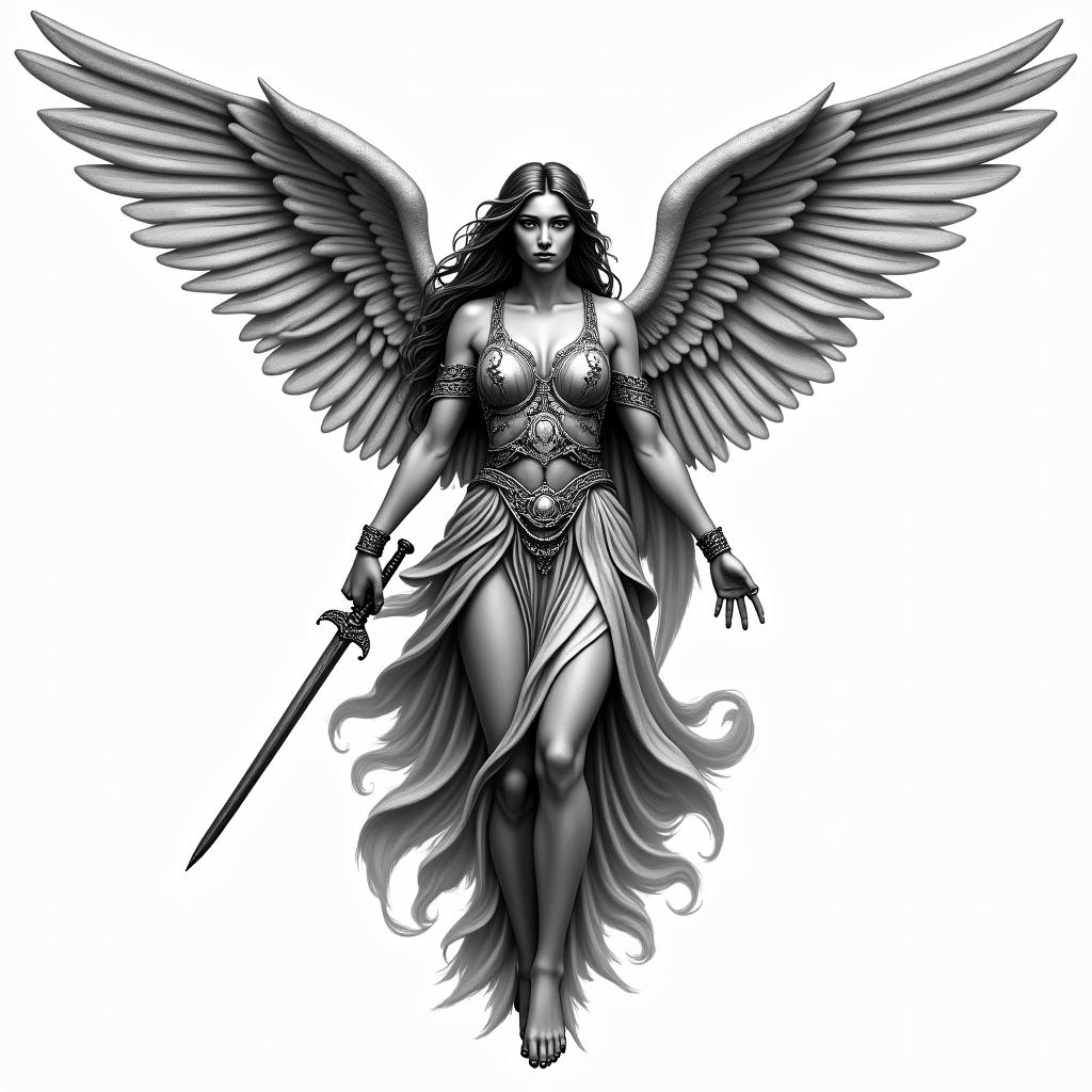 A female figure inspired by the Arcangel San Miguel, featuring majestic wings and intricate clothing resembling the detailed style of the Victory of Samothrace, embodying strength and protection. She wields a sword, symbolizing victory and bravery, against a backdrop that evokes Greek mythology.higly detailed tattoo - Variation 3