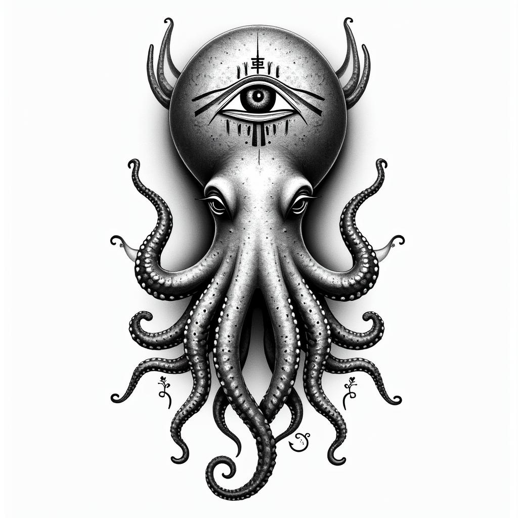 Feminine, cute octopusin egyptian style tattoo, bold elements of ancient egyptian culture including a portrait of an Egyptian pharaoh with detailed facial features, in hieroglyphs and symbolic imagery, eye of horus, ankh symbol, scarab beetle - Variation 2