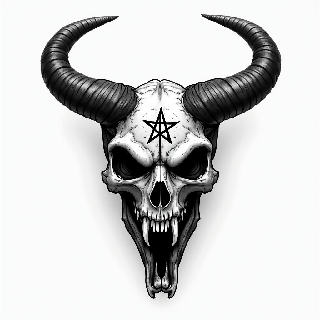 Tauruscreepy horror tattoo style, featuring an eerie and unsettling skull of a demonic creature, distorted face with sharp fangs, add pentagram symbol - Variation 3