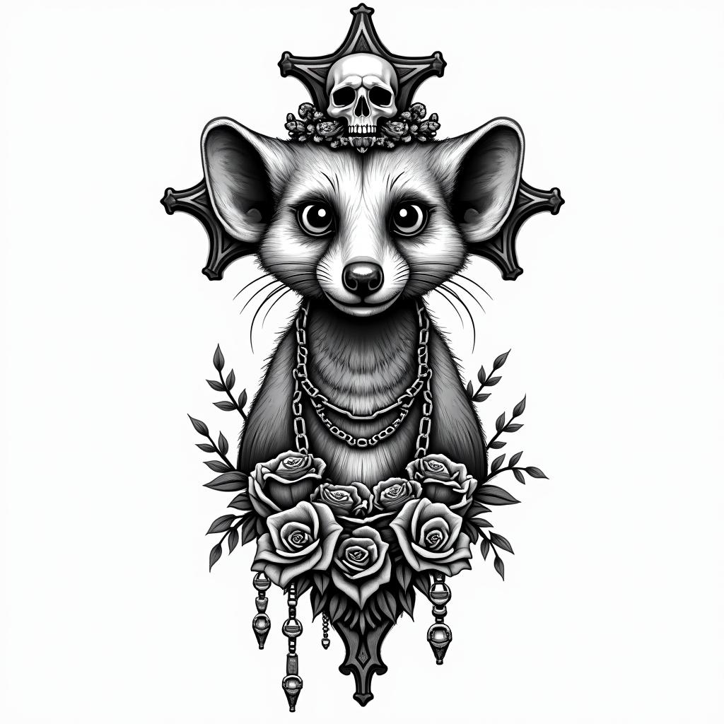 Meerkatin chicano style tattoo, featuring intricate black and grey shading, bold elements of traditional chicano culture symbols, add a big cross with skull, chains and roses - Variation 2