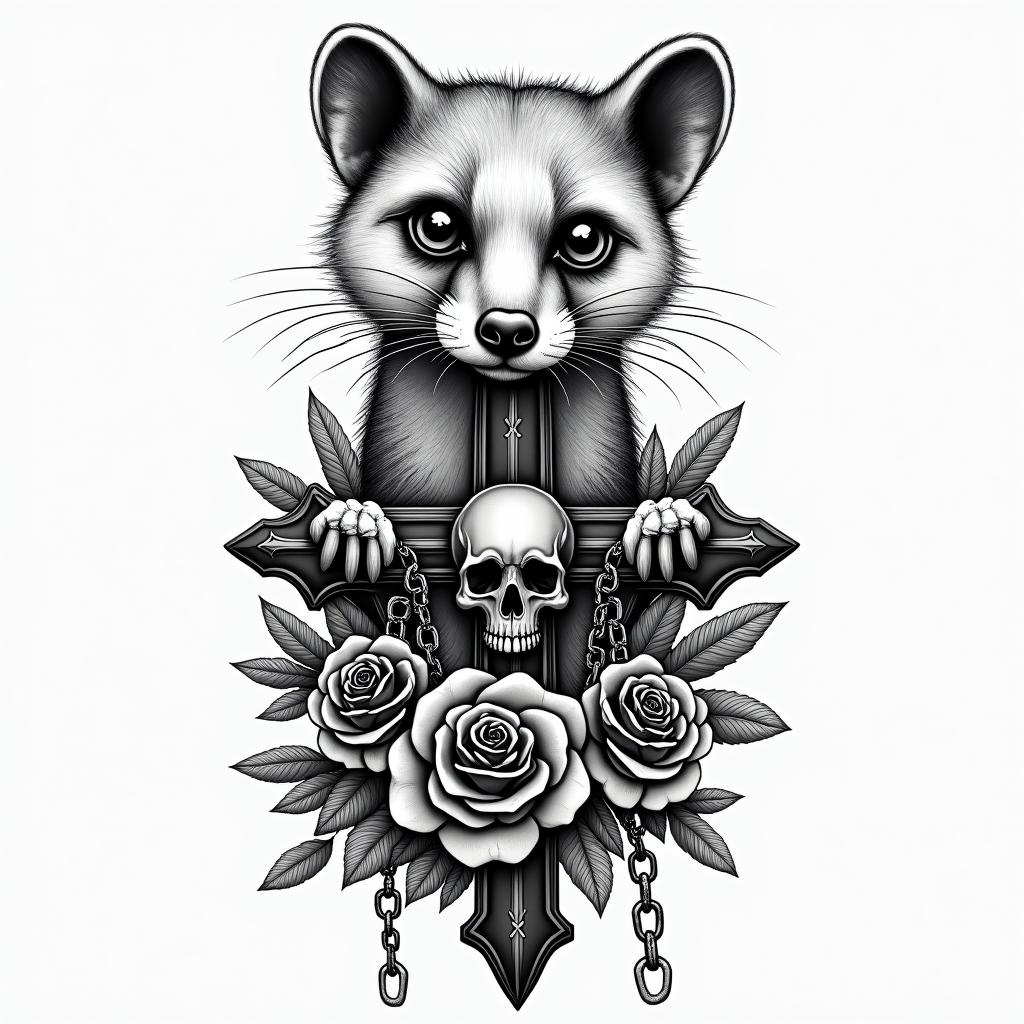Meerkatin chicano style tattoo, featuring intricate black and grey shading, bold elements of traditional chicano culture symbols, add a big cross with skull, chains and roses - Variation 4