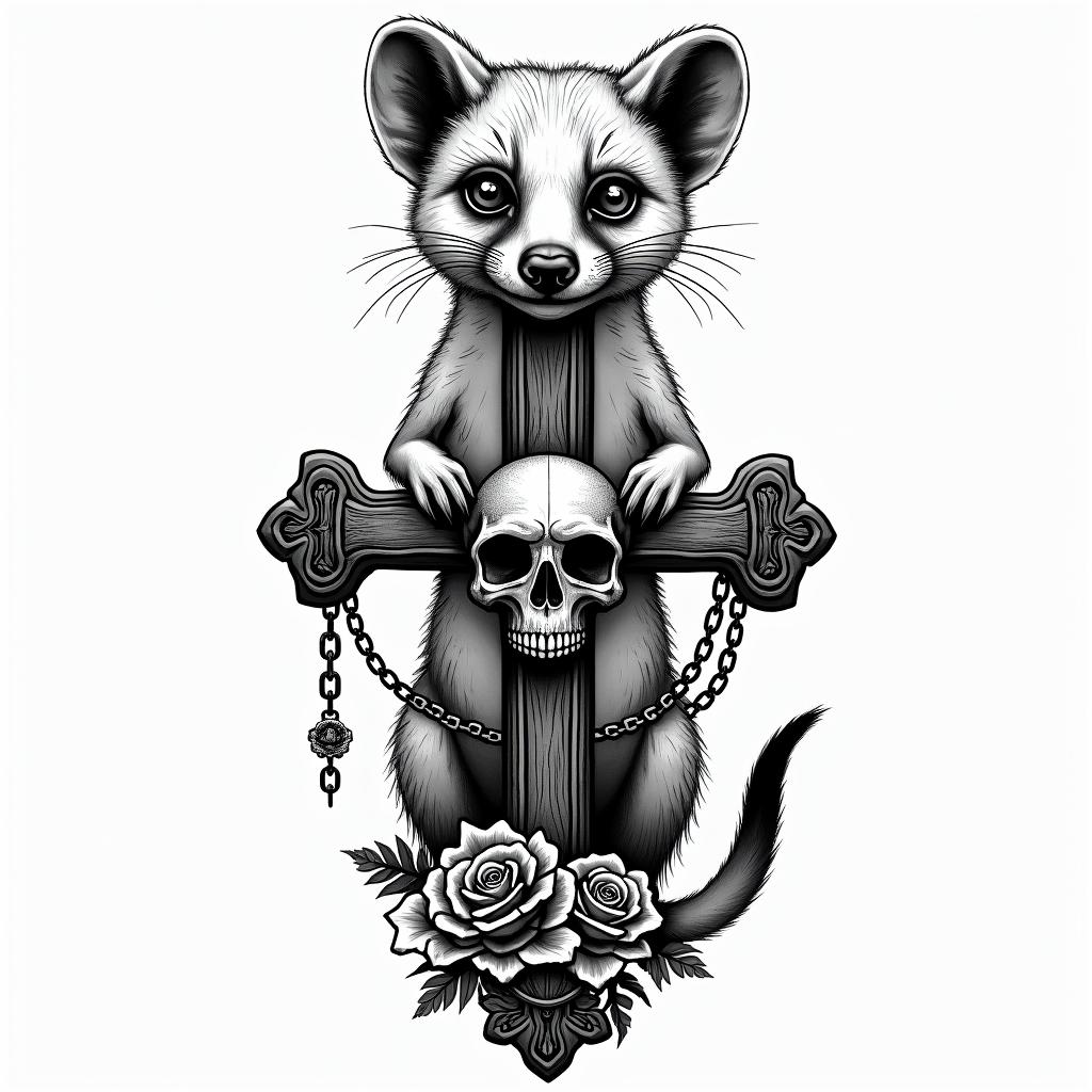 Meerkatin chicano style tattoo, featuring intricate black and grey shading, bold elements of traditional chicano culture symbols, add a big cross with skull, chains and roses - Variation 3