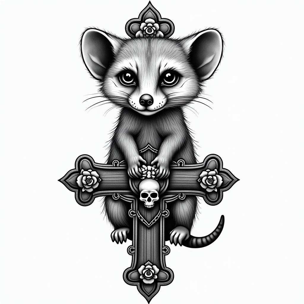 Meerkatin chicano style tattoo, featuring intricate black and grey shading, bold elements of traditional chicano culture symbols, add a big cross with skull, chains and roses