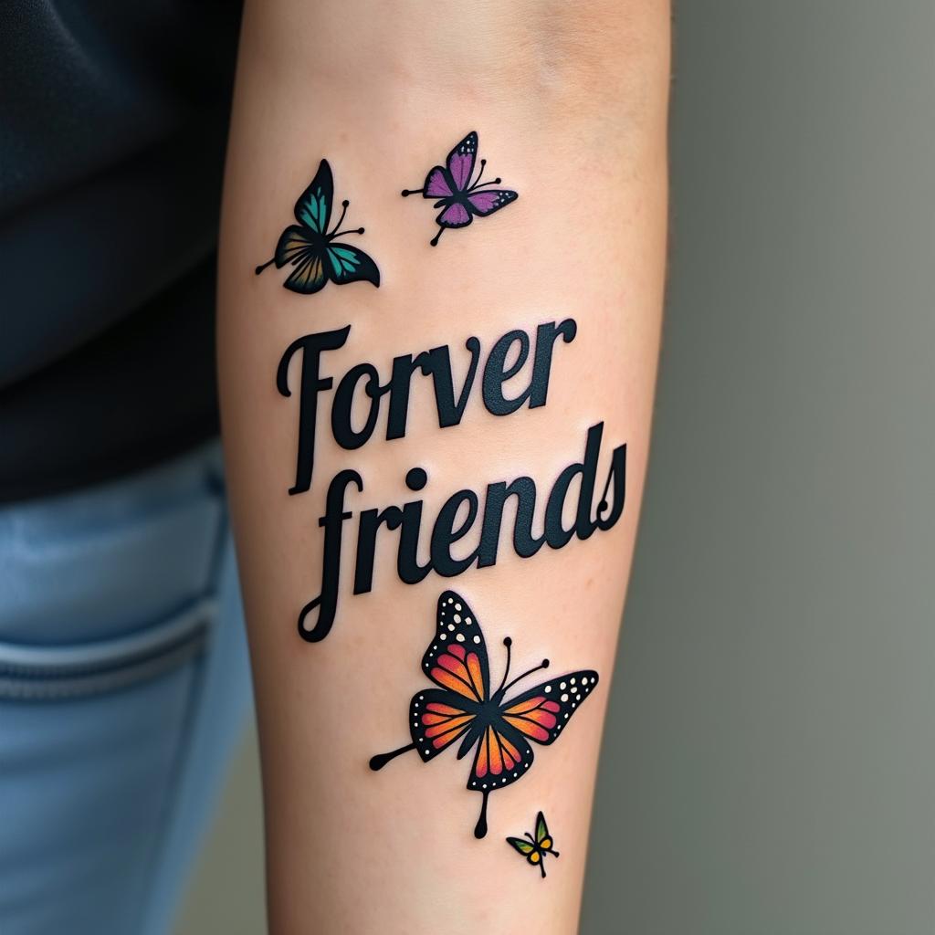 music notes and text saying forever friends with drum sticks and colorful butterflies flying aroundtext-based tattoo, gothic font ultra-realistic, perfectly placed, high-quality font design, photo-realistic shading, 8k, high quality, finely detailed typography