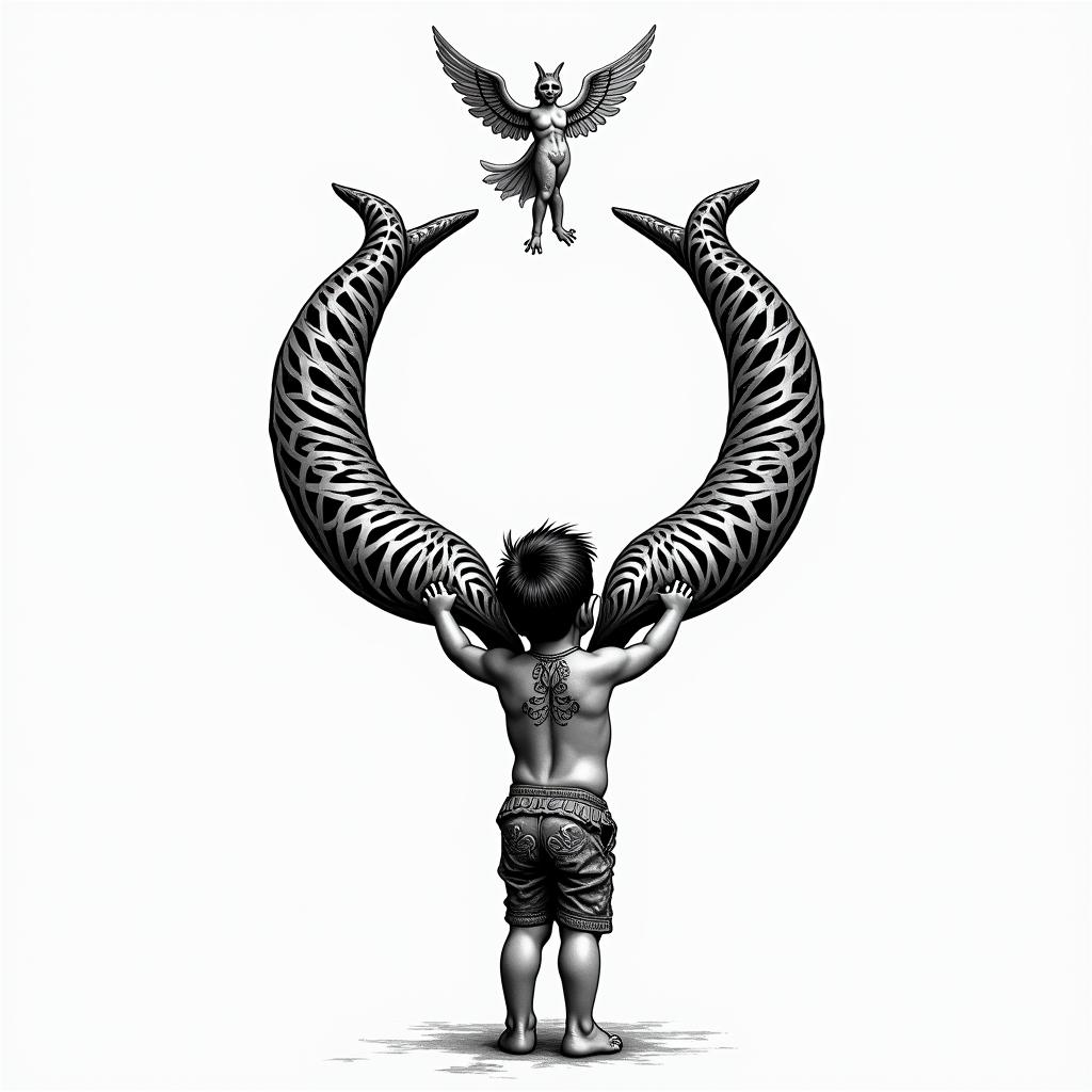 Little boy with broken horns holding the broken horns in his hands looking up at an Angel and saying, "Are you proud of me now mom?"in tribal tattoo style, featuring bold and black geometric shapes, curved lines, intertwine and flow seamlessly, creating a powerful and symbolic design, polynesian and maori styles - Variation 2