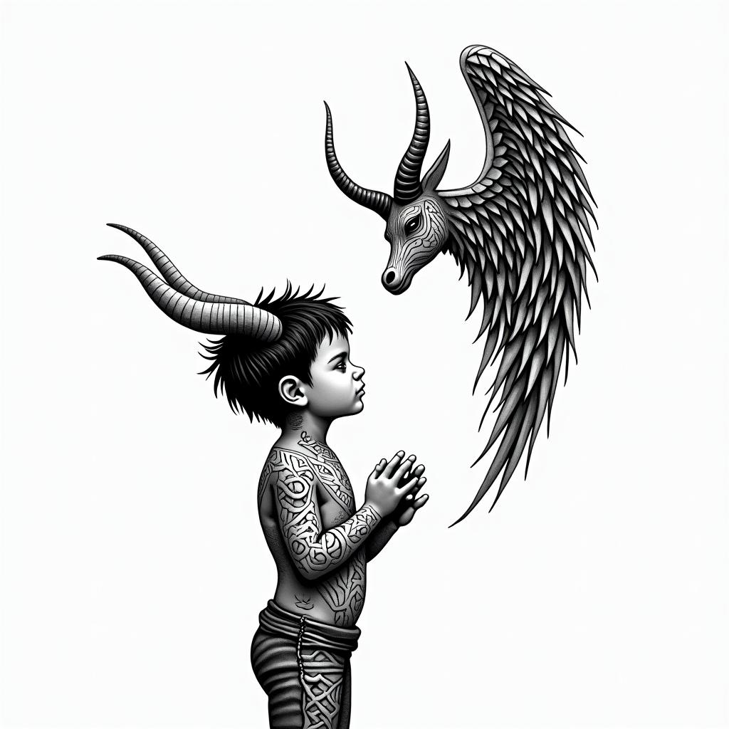 Little boy with broken horns holding the broken horns in his hands looking up at an Angel and saying, "Are you proud of me now mom?"in tribal tattoo style, featuring bold and black geometric shapes, curved lines, intertwine and flow seamlessly, creating a powerful and symbolic design, polynesian and maori styles - Variation 1