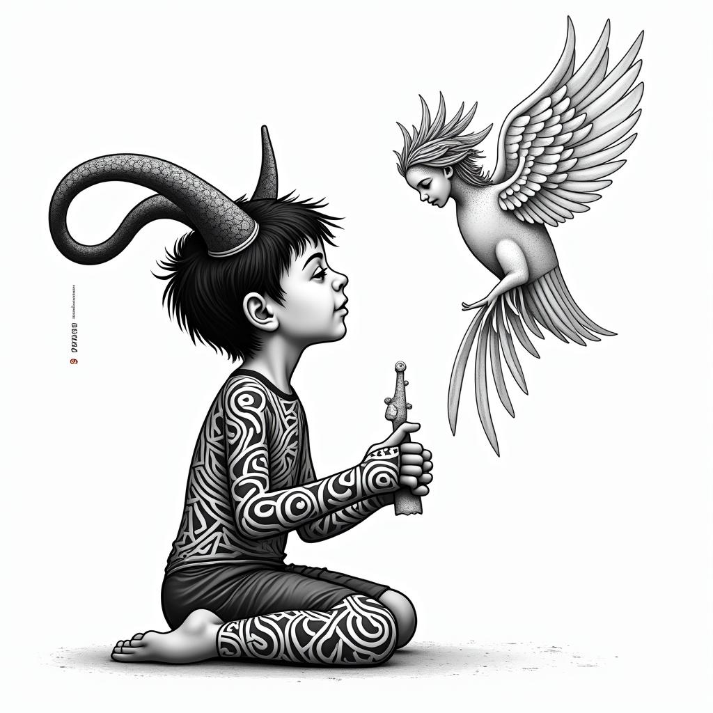 Little boy with broken horns holding the broken horns in his hands looking up at an Angel and saying, "Are you proud of me now mom?"in tribal tattoo style, featuring bold and black geometric shapes, curved lines, intertwine and flow seamlessly, creating a powerful and symbolic design, polynesian and maori styles - Variation 3
