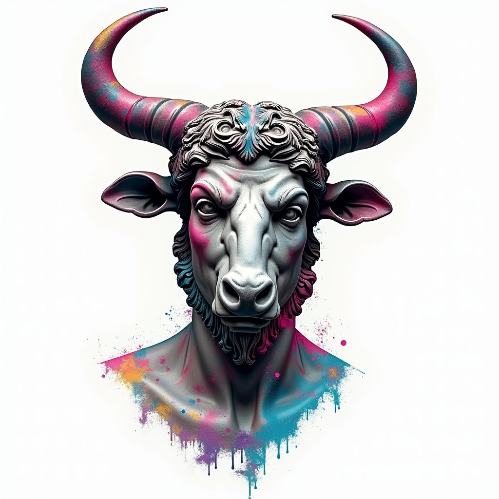 Taurusin distorted and fragmented tattoo design, featuring a classical statue bust, in a glitch art style with vibrant, overlapping colors of cyan, magenta, and yellow, creating a digital distortion effect - Variation 4