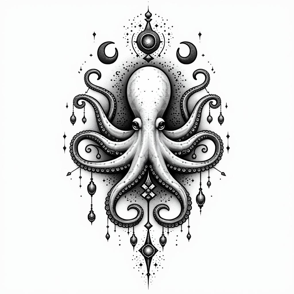 Feminine, cute octopusin paganic style tattoo, featuring ancient symbols, add vegvisir symbol, mystical figures, incorporating designs, pentagrams, runes, crescent moons, - Variation 2