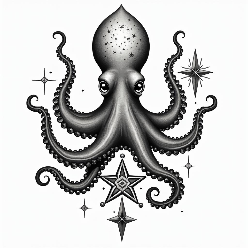 Feminine, cute octopusin paganic style tattoo, featuring ancient symbols, add vegvisir symbol, mystical figures, incorporating designs, pentagrams, runes, crescent moons, - Variation 7