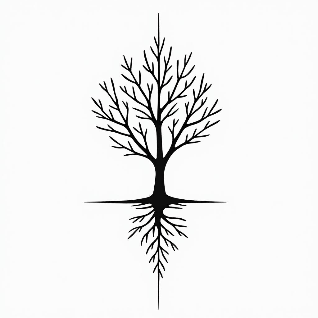 A minimalist tattoo design featuring a geometric representation of Scandinavian nature, emphasizing a laubbaum (deciduous tree) with flowing branches that suggest harmony and freedom. Incorporate spiritual elements within the geometry, using simple lines and shapes to evoke a sense of tranquility. Use a design that resonates with the outdoors and sunlight, providing an essence of nature in a subtle, elegant manner.higly detailed tattoo - Variation 3
