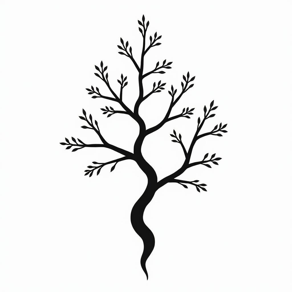 A minimalist tattoo design featuring a geometric representation of Scandinavian nature, emphasizing a laubbaum (deciduous tree) with flowing branches that suggest harmony and freedom. Incorporate spiritual elements within the geometry, using simple lines and shapes to evoke a sense of tranquility. Use a design that resonates with the outdoors and sunlight, providing an essence of nature in a subtle, elegant manner.higly detailed tattoo - Variation 2