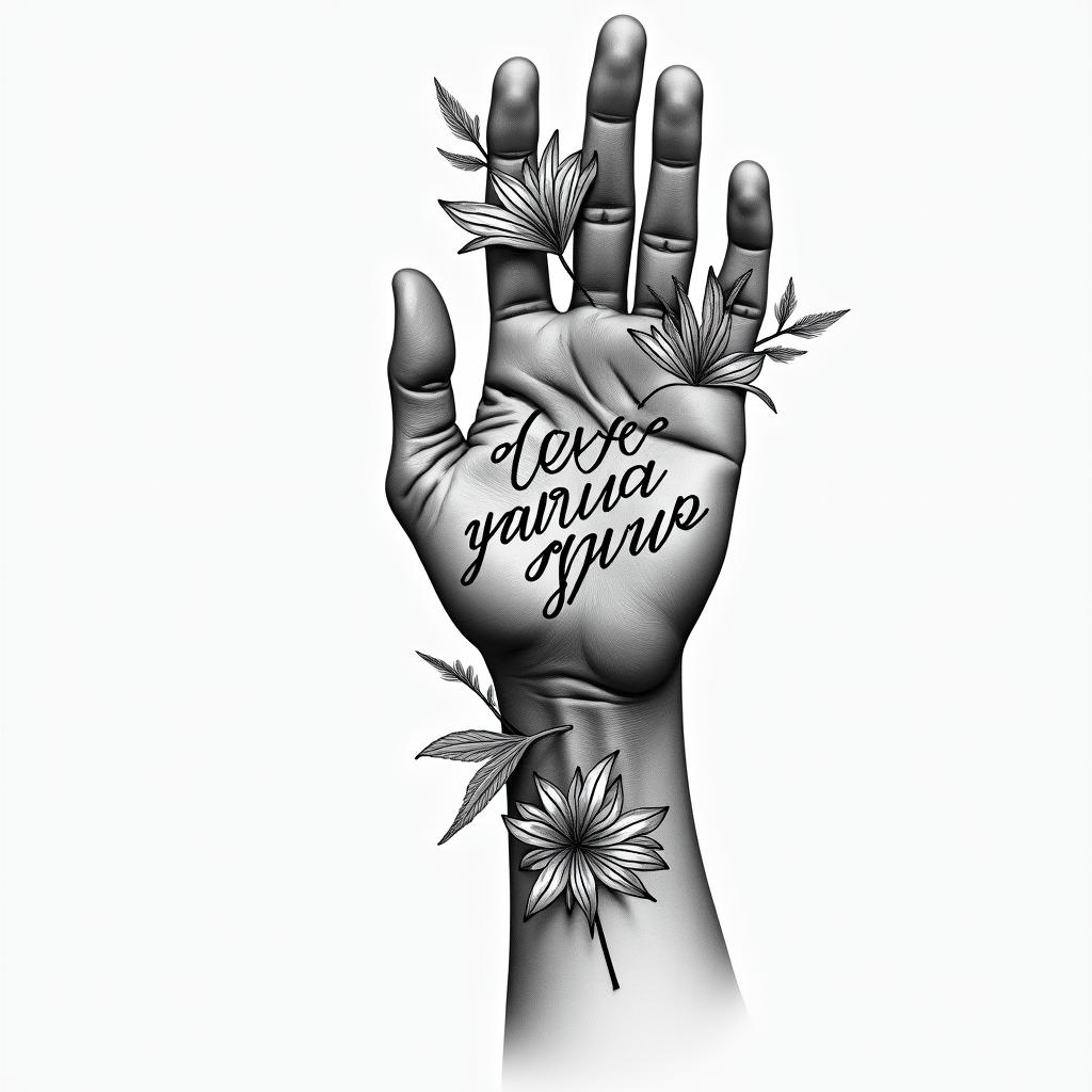 a flower on hand with a never give up quotehigly detailed tattoo