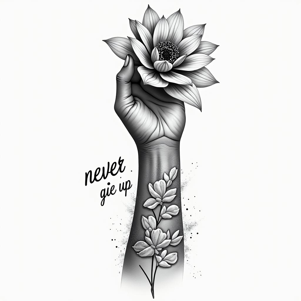 a flower on hand with a never give up quotehigly detailed tattoo - Variation 3