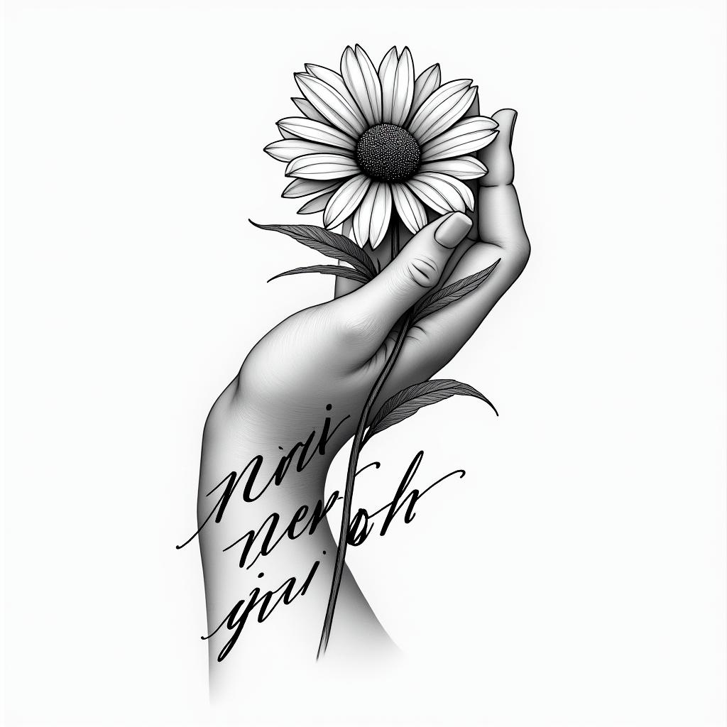 a flower on hand with a never give up quotehigly detailed tattoo - Variation 4