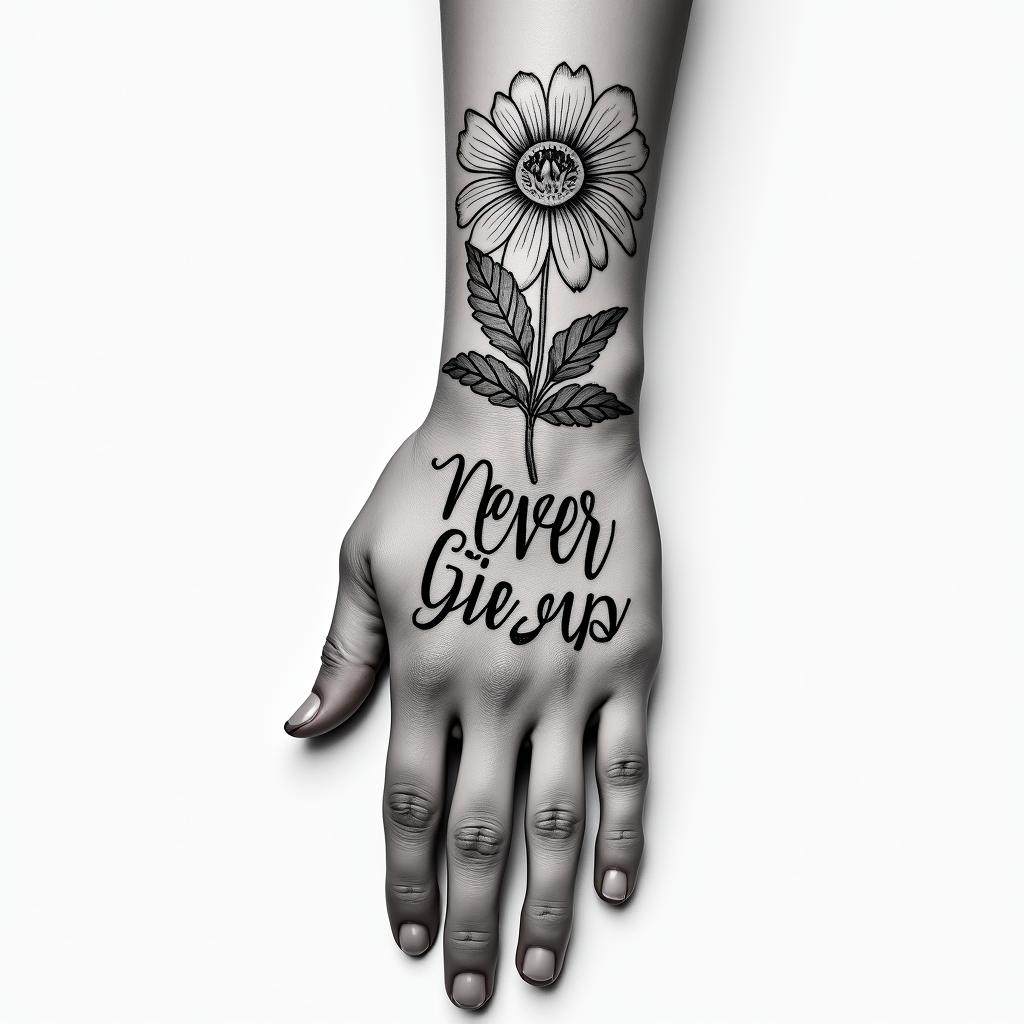 a flower on hand with a never give up quotehigly detailed tattoo - Variation 2