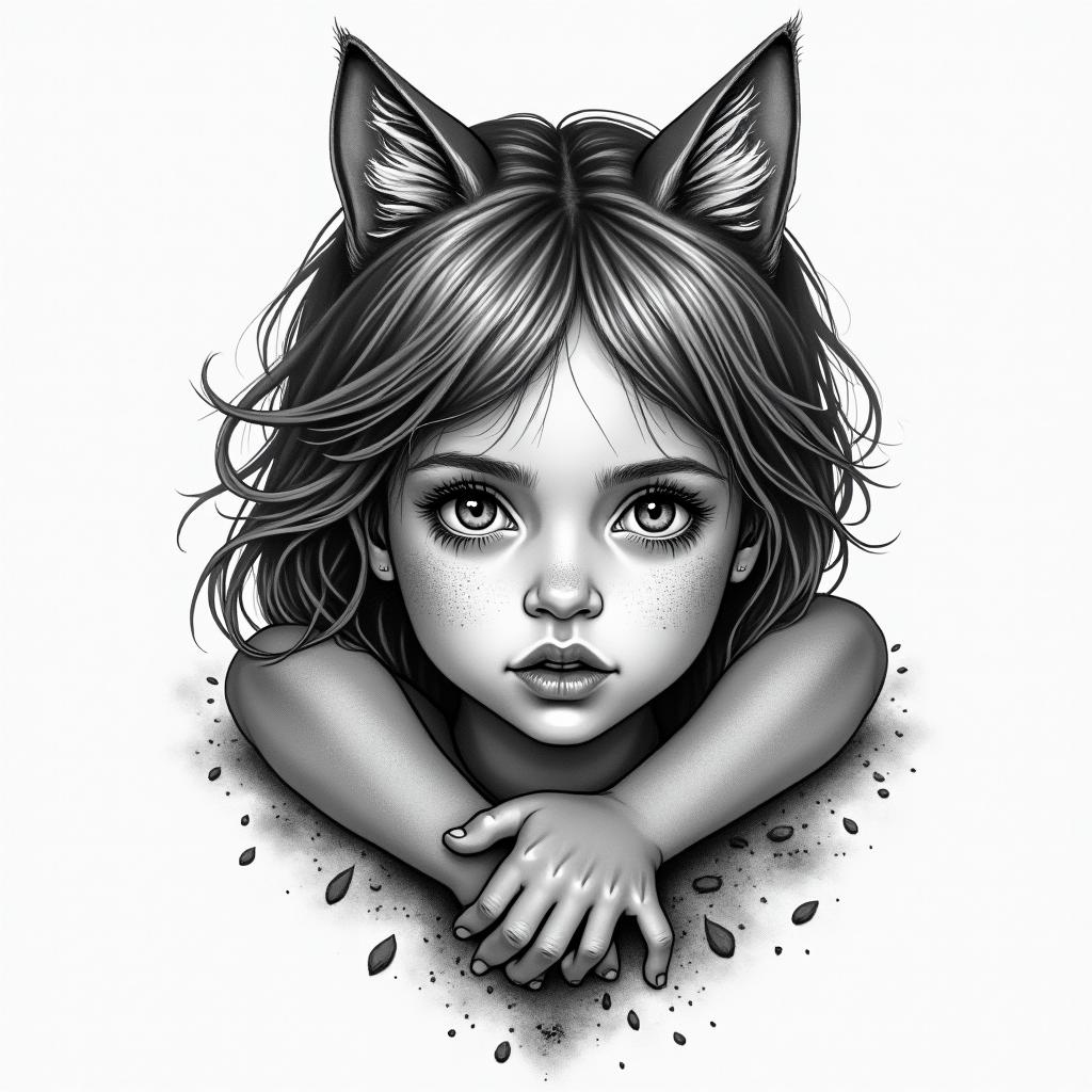 My daughter, illness, fear, love, psychological violence, bonds, characters, strength, cats.higly detailed tattoo - Variation 3