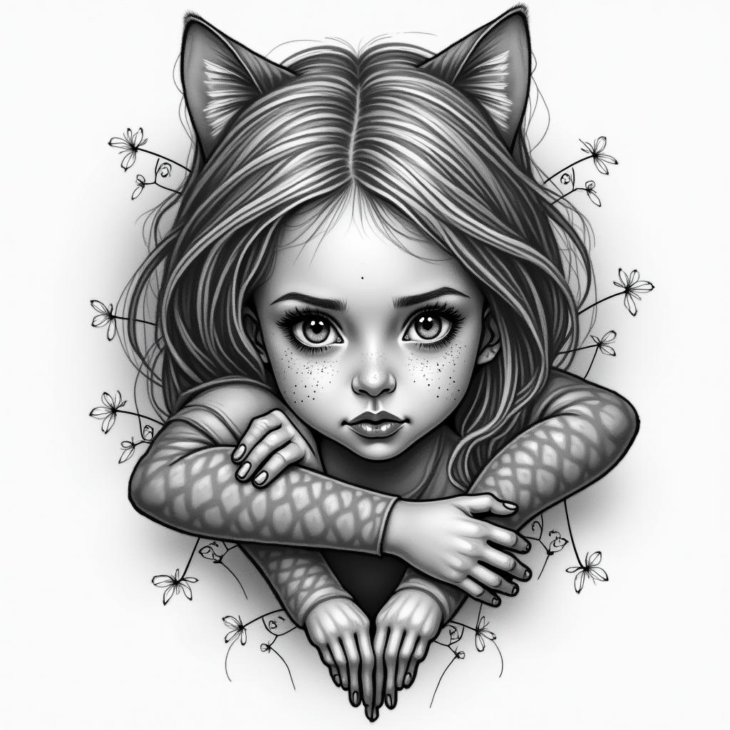 My daughter, illness, fear, love, psychological violence, bonds, characters, strength, cats.higly detailed tattoo