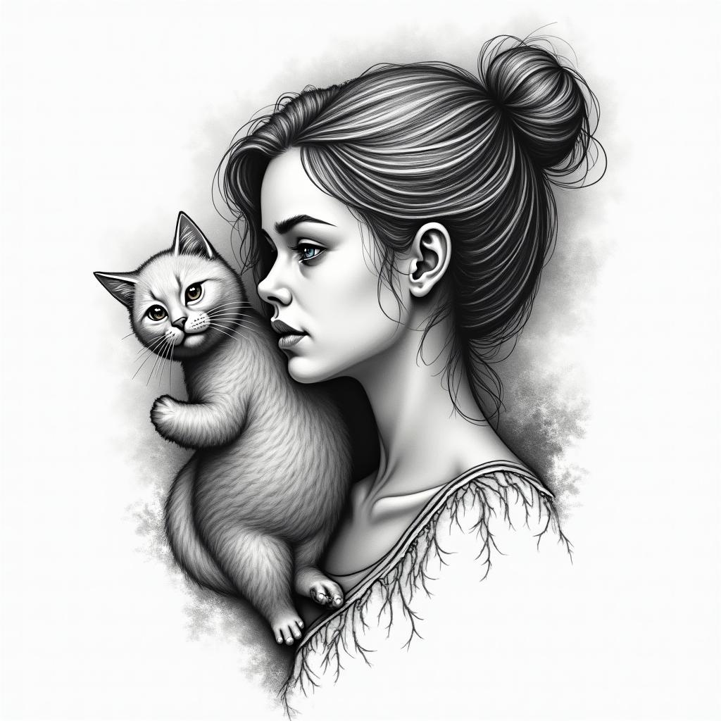 My daughter, illness, fear, love, psychological violence, bonds, characters, strength, cats.higly detailed tattoo - Variation 2