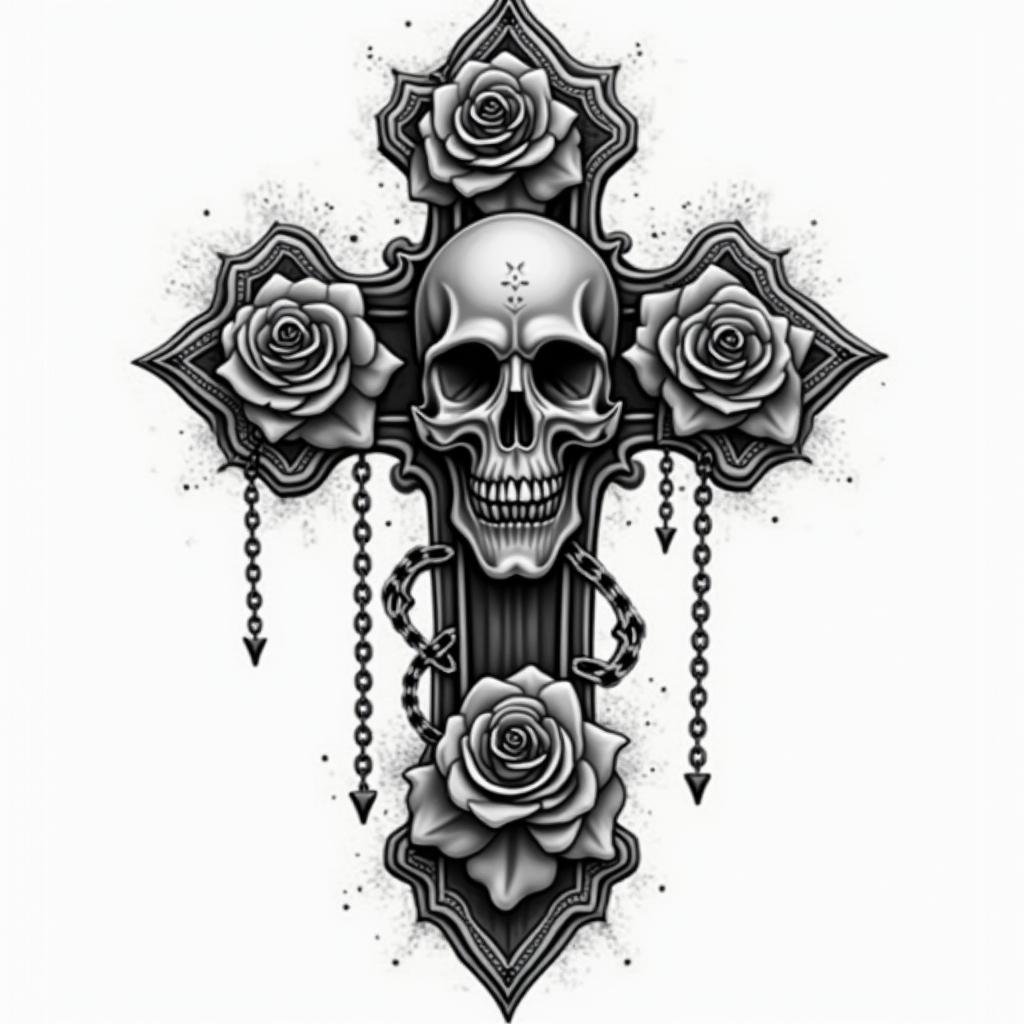 Collectif 40in chicano style tattoo, featuring intricate black and grey shading, bold elements of traditional chicano culture symbols, add a big cross with skull, chains and roses - Variation 6