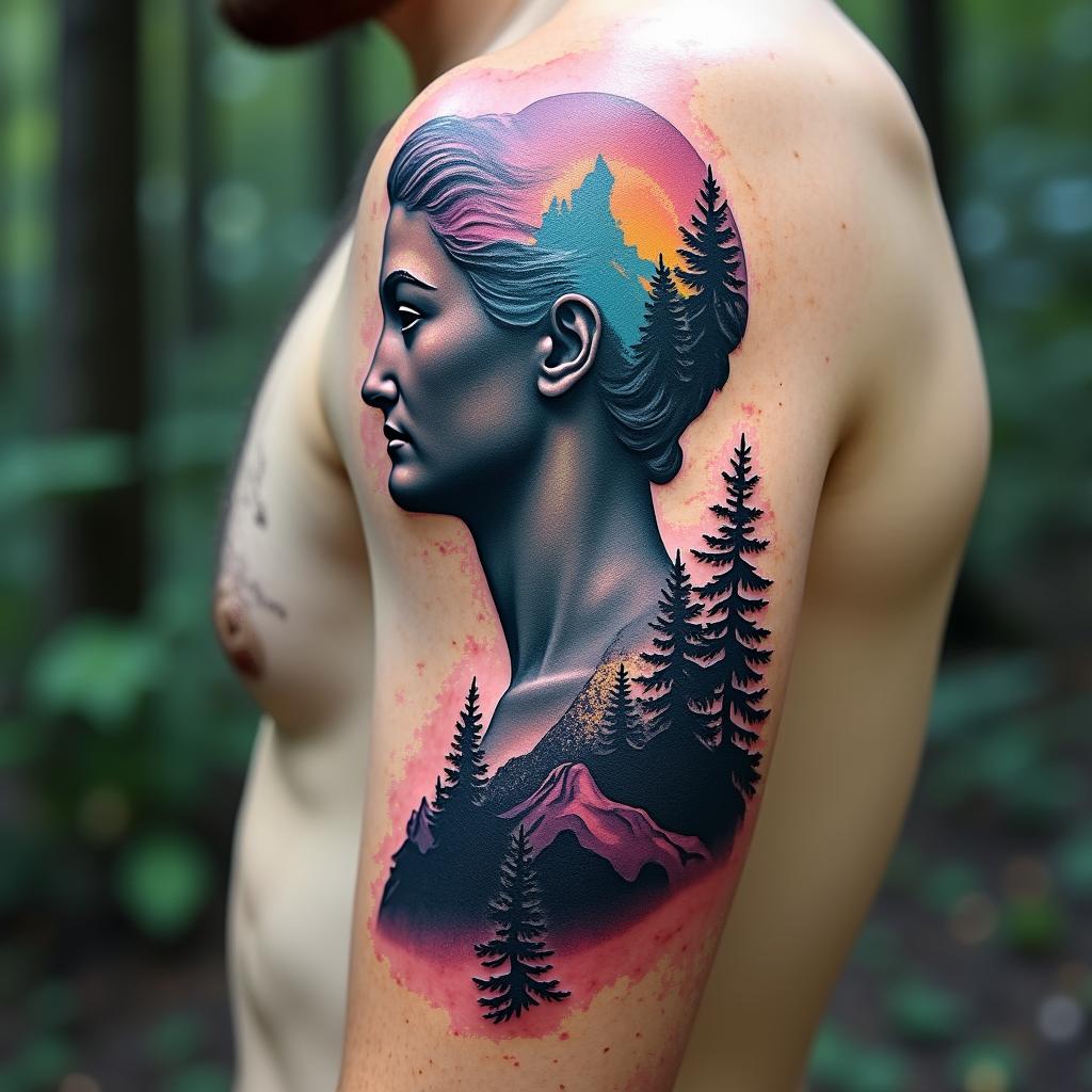 Outdoors mountain climbing kayakkingin distorted and fragmented tattoo design, featuring a classical statue bust, in a glitch art style with vibrant, overlapping colors of cyan, magenta, and yellow, creating a digital distortion effect