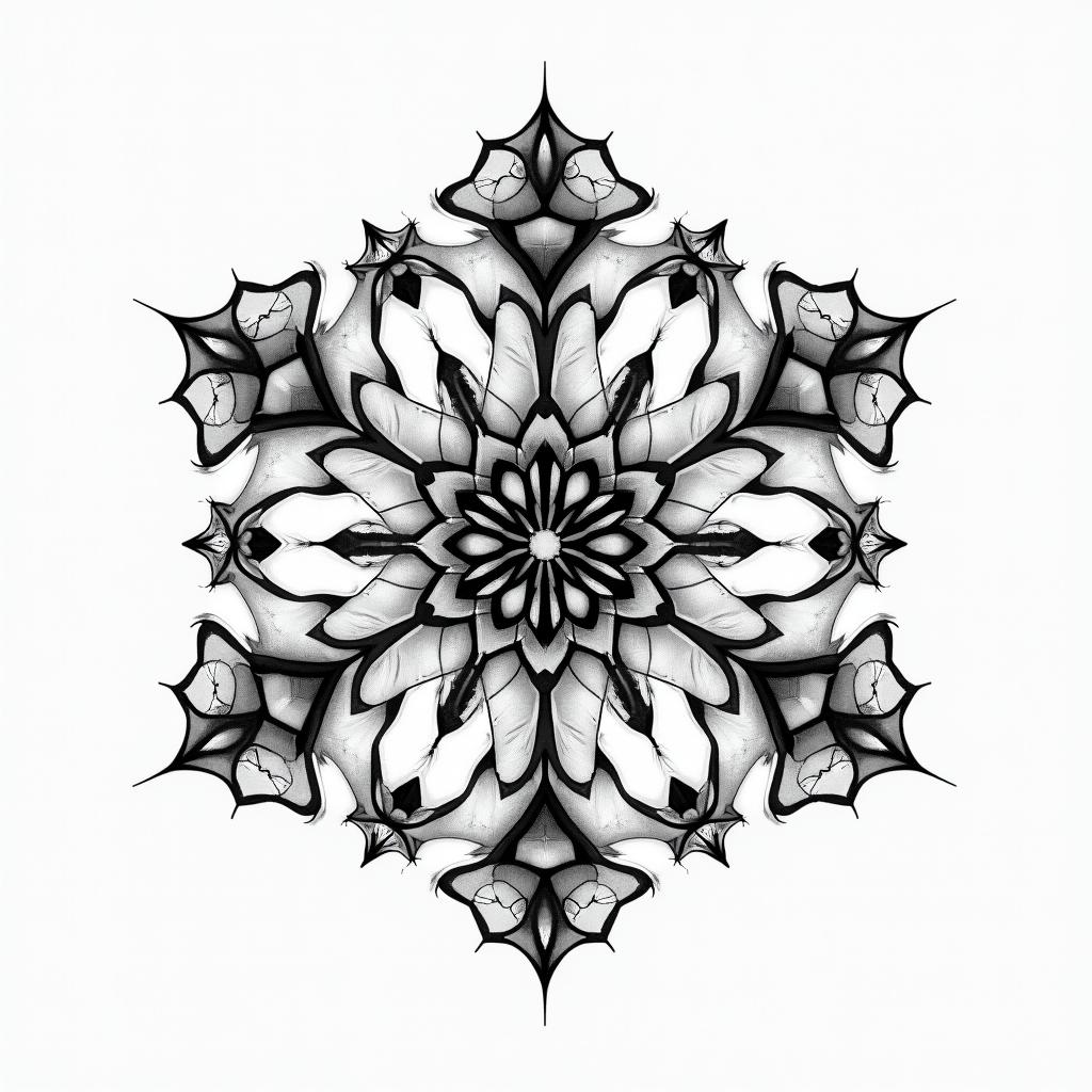 First name of my 4th daughter in geometric style tattoo, blending hexagons, mandala-inspired patterns, symmetrical and fractal design, clean lines, sharp angles