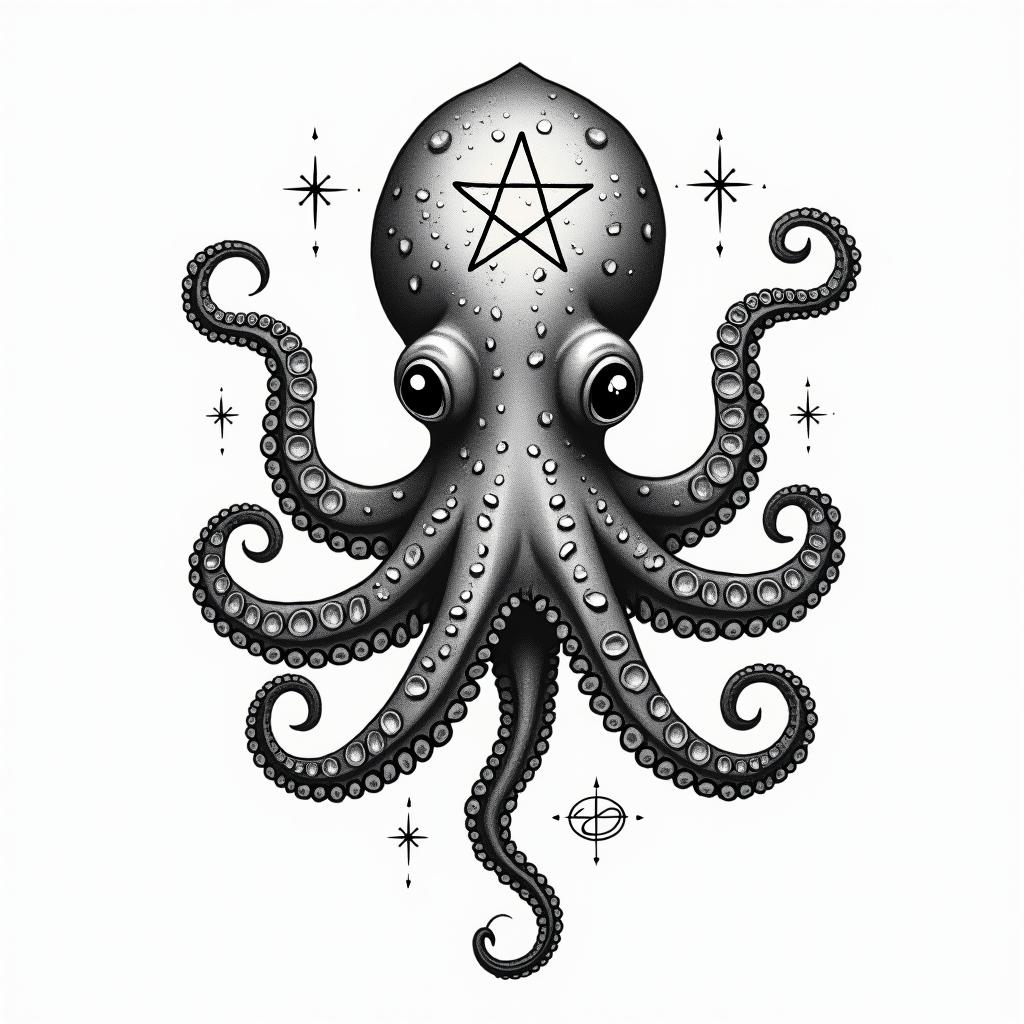 Feminine, cute octopusin paganic style tattoo, featuring ancient symbols, add vegvisir symbol, mystical figures, incorporating designs, pentagrams, runes, crescent moons, - Variation 5