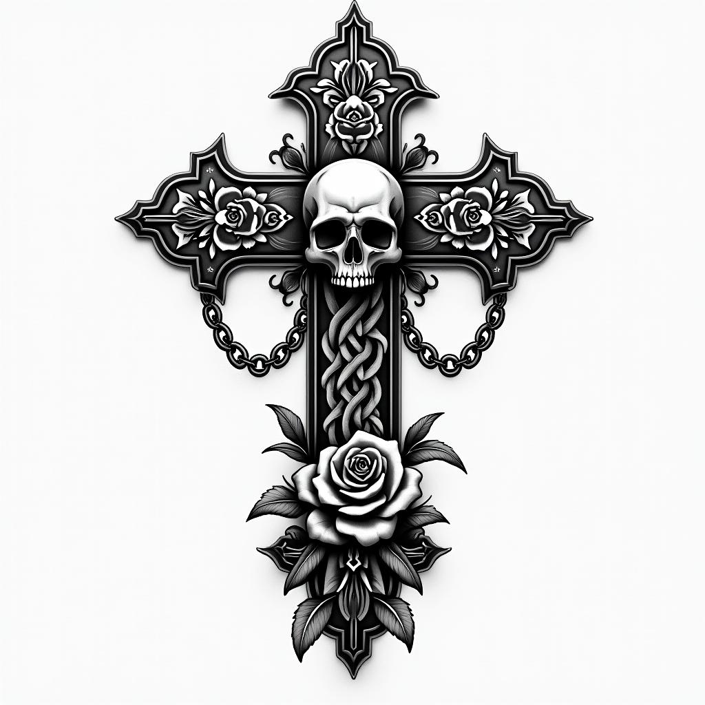 Collectif 40in chicano style tattoo, featuring intricate black and grey shading, bold elements of traditional chicano culture symbols, add a big cross with skull, chains and roses - Variation 4