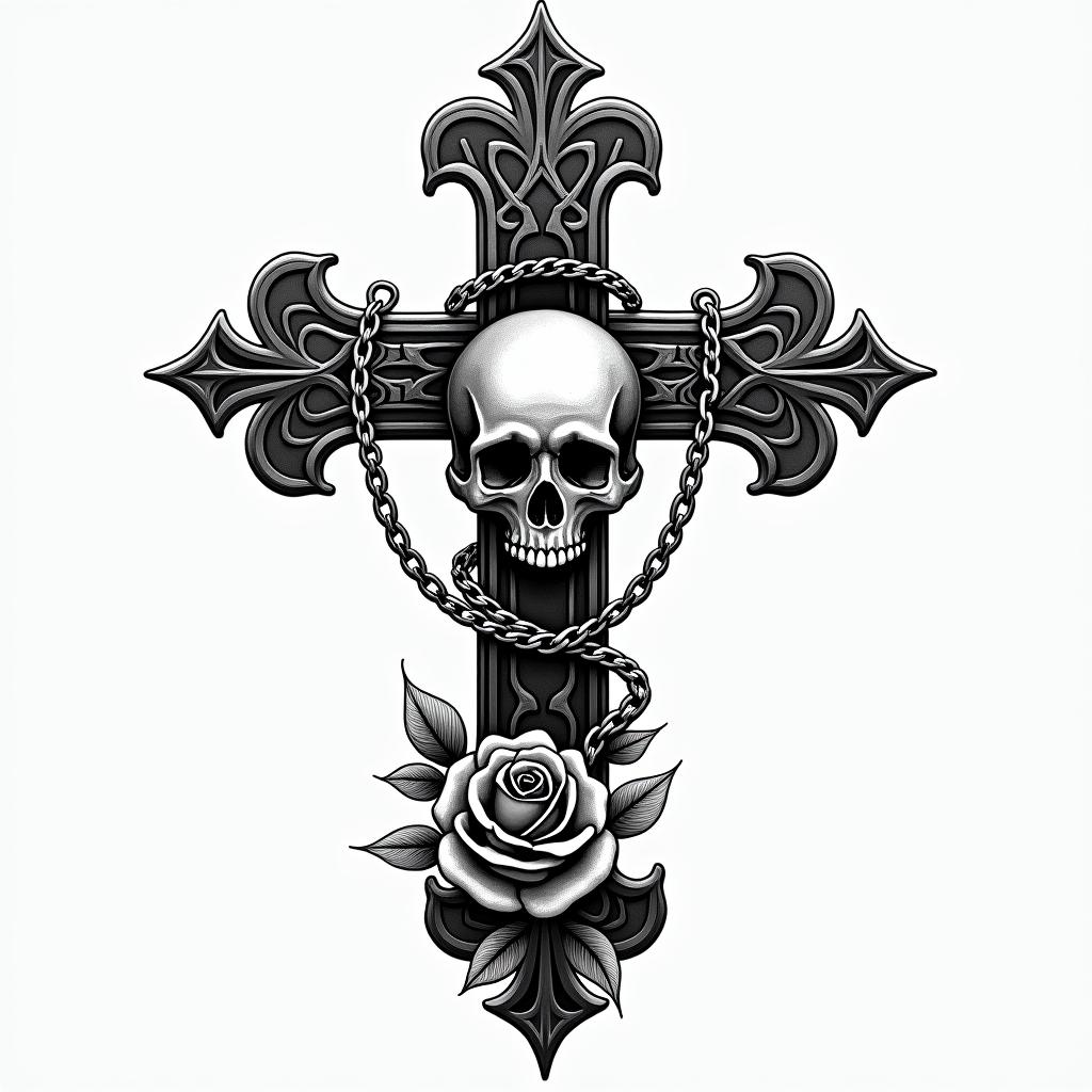 Collectif 40in chicano style tattoo, featuring intricate black and grey shading, bold elements of traditional chicano culture symbols, add a big cross with skull, chains and roses