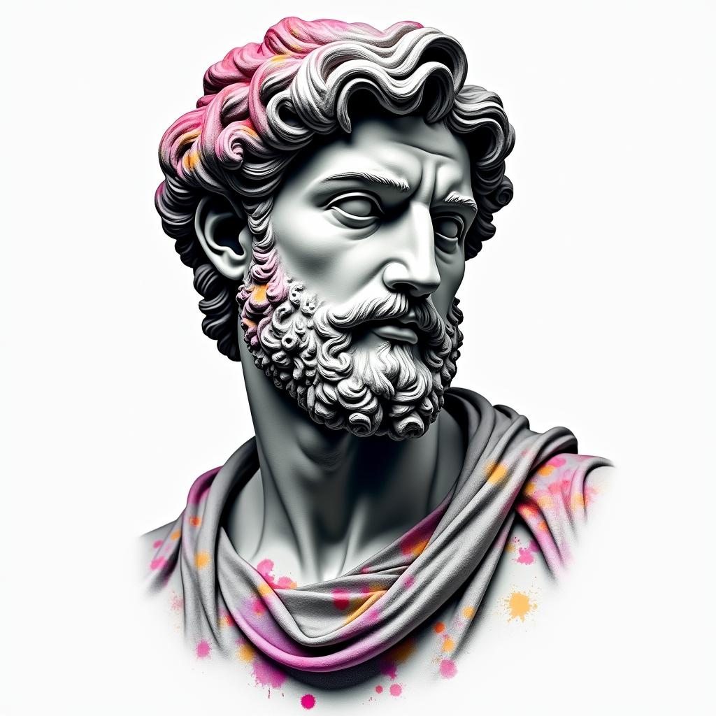 Genesis, Leo, Nasugbuin distorted and fragmented tattoo design, featuring a classical statue bust, in a glitch art style with vibrant, overlapping colors of cyan, magenta, and yellow, creating a digital distortion effect