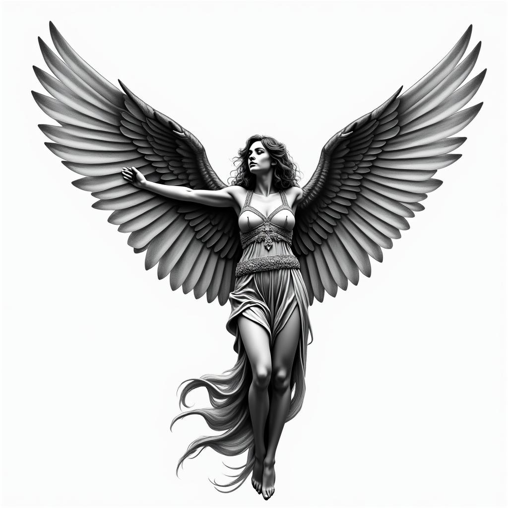 A realistic tattoo of a woman with wings, one pointing upwards and the other downwards, symbolizing freedom. She wears clothing inspired by the Victory of Samothrace, incorporating elements that evoke admiration. The wings are in contrasting colors, white and black, representing duality. The overall design conveys a sense of elegance and strength.higly detailed tattoo - Variation 3