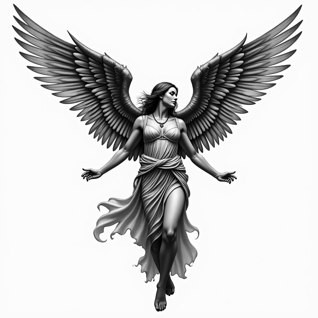 A realistic tattoo of a woman with wings, one pointing upwards and the other downwards, symbolizing freedom. She wears clothing inspired by the Victory of Samothrace, incorporating elements that evoke admiration. The wings are in contrasting colors, white and black, representing duality. The overall design conveys a sense of elegance and strength.higly detailed tattoo - Variation 4